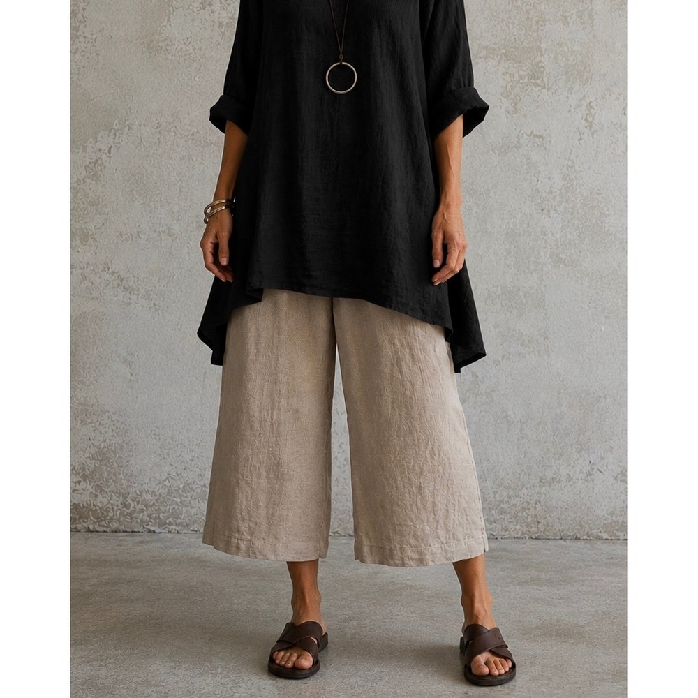 EILEEN FISHER Heavy Linen Cropped Wide Leg Pants Natural Beige